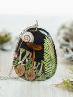 Forest Necklace with Real Mushroom, Leaf and Pixie Cup Lichen