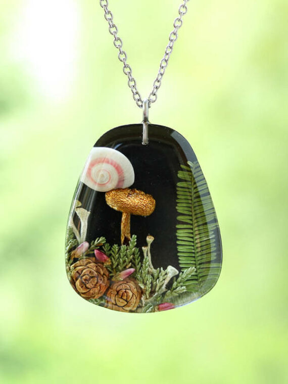 Cottagecore Mushroom Necklace with Real Plants and Pinecone
