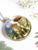 Nature Inspired Necklace with Real Mushroom, Flower and Leaf