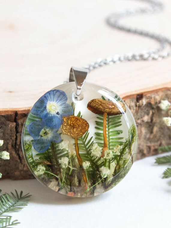 Nature Inspired Necklace with Real Mushroom, Flower and Leaf