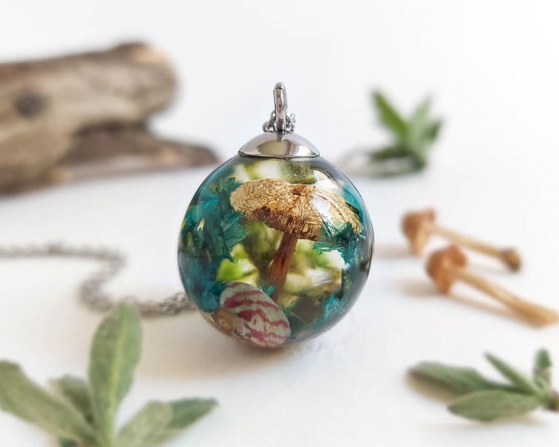 Magic Mushroom Necklace with Blue Flower Necklace in Resin
