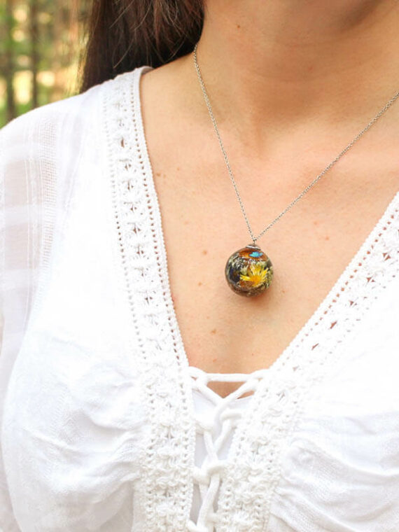 Dried Mushroom Garden Necklace with Wildflowers in Resin
