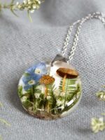 Dried Mushroom Necklace with Pressed Flower and Green Leaf