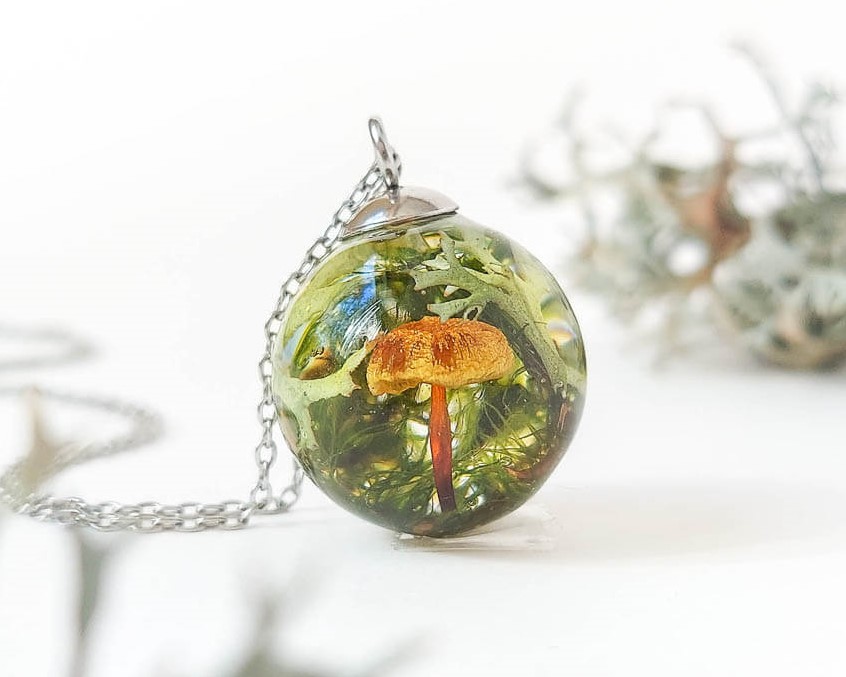 Botanical Resin Necklace with Real Mushroom and Green Moss