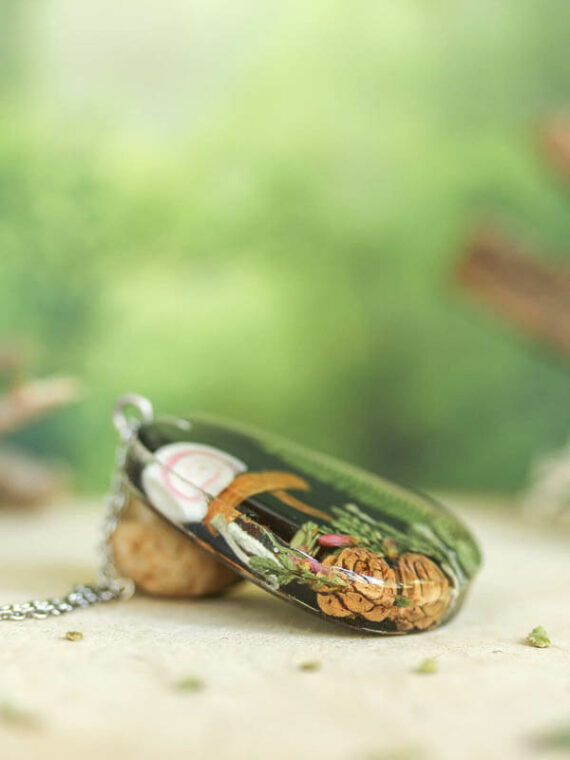 Cottagecore Mushroom Necklace with Real Plants and Pinecone