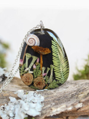 Forest Necklace with Real Mushroom, Leaf and Pixie Cup Lichen