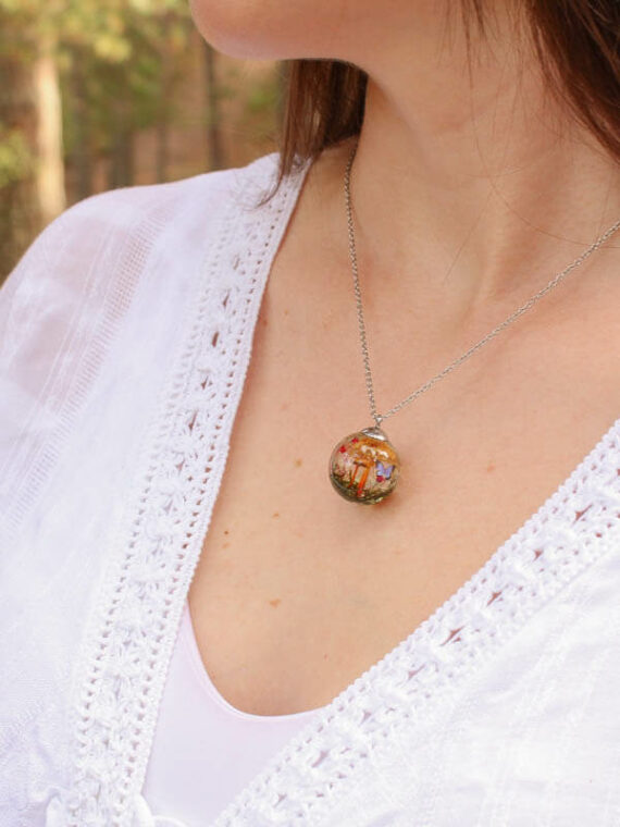 Terrarium Mushroom Necklace with Wildflower and Butterfly