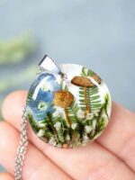 Dried Mushroom Necklace with Pressed Flower and Green Leaf