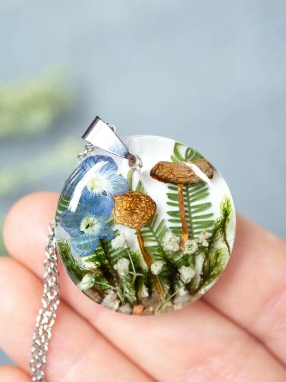 Dried Mushroom Necklace with Pressed Flower and Green Leaf