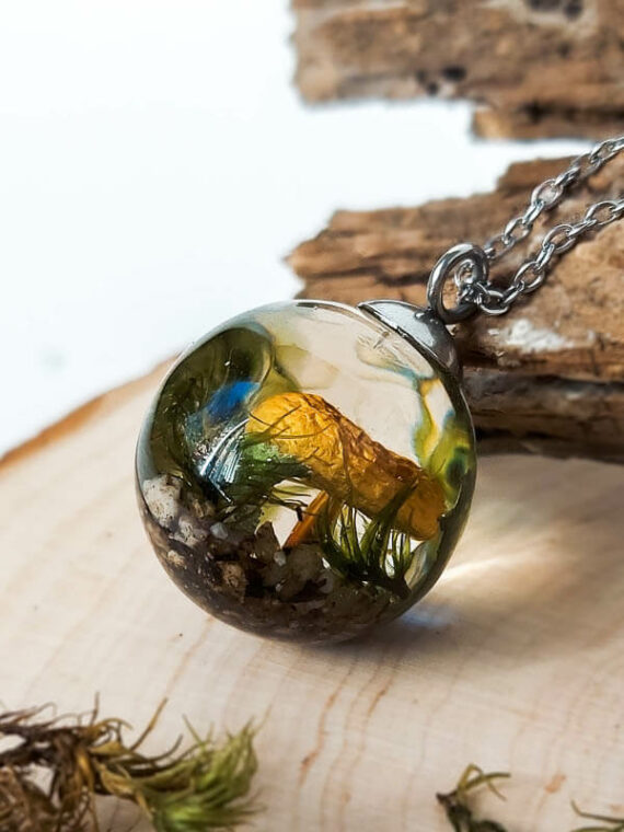 Woodland Inspired Necklace with Dried Mushroom and Moss