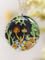 Aesthetic Mushroom Necklace with Real Lichen, Leaf and Pinecone