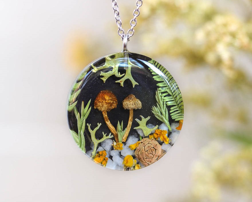 Aesthetic Mushroom Necklace with Real Lichen, Leaf and Pinecone