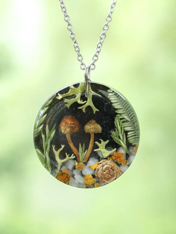 Aesthetic Mushroom Necklace with Real Lichen, Leaf and Pinecone