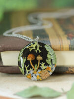 Aesthetic Mushroom Necklace with Real Lichen, Leaf and Pinecone