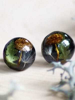 Dark Aesthetic Earrings Stud with Tiny Mushroom and Real Plants