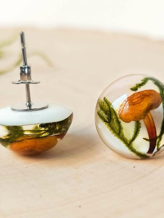 Handmade Forest Earrings Studs with Real Mushrooms and Plants