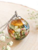 Terrarium Mushroom Necklace with Wildflower and Butterfly
