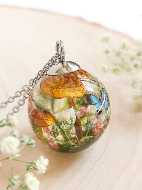 Terrarium Mushroom Necklace with Wildflower and Butterfly