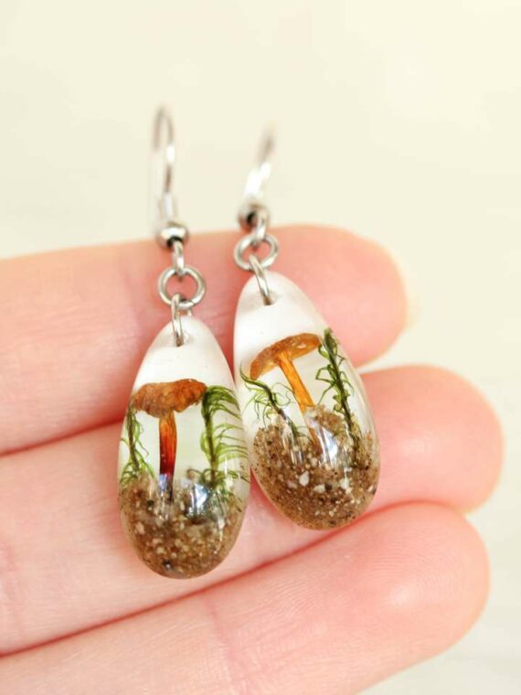Real Mushrooms Teardrop Terrarium Earrings, Nature Lovers Gifts