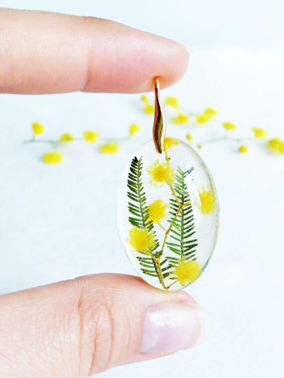 Wildflower necklace gold, Real flower resin necklace, Mimosa jewelry, Flower crystal necklace, Gift for best friend, Acacia flower jewelry