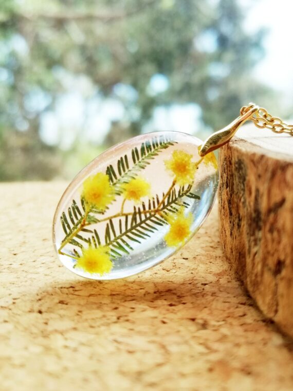 Wildflower necklace gold, Real flower resin necklace, Mimosa jewelry, Flower crystal necklace, Gift for best friend, Acacia flower jewelry