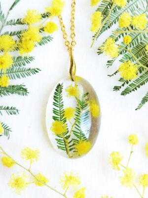Wildflower necklace gold, Real flower resin necklace, Mimosa jewelry, Flower crystal necklace, Gift for best friend, Acacia flower jewelry