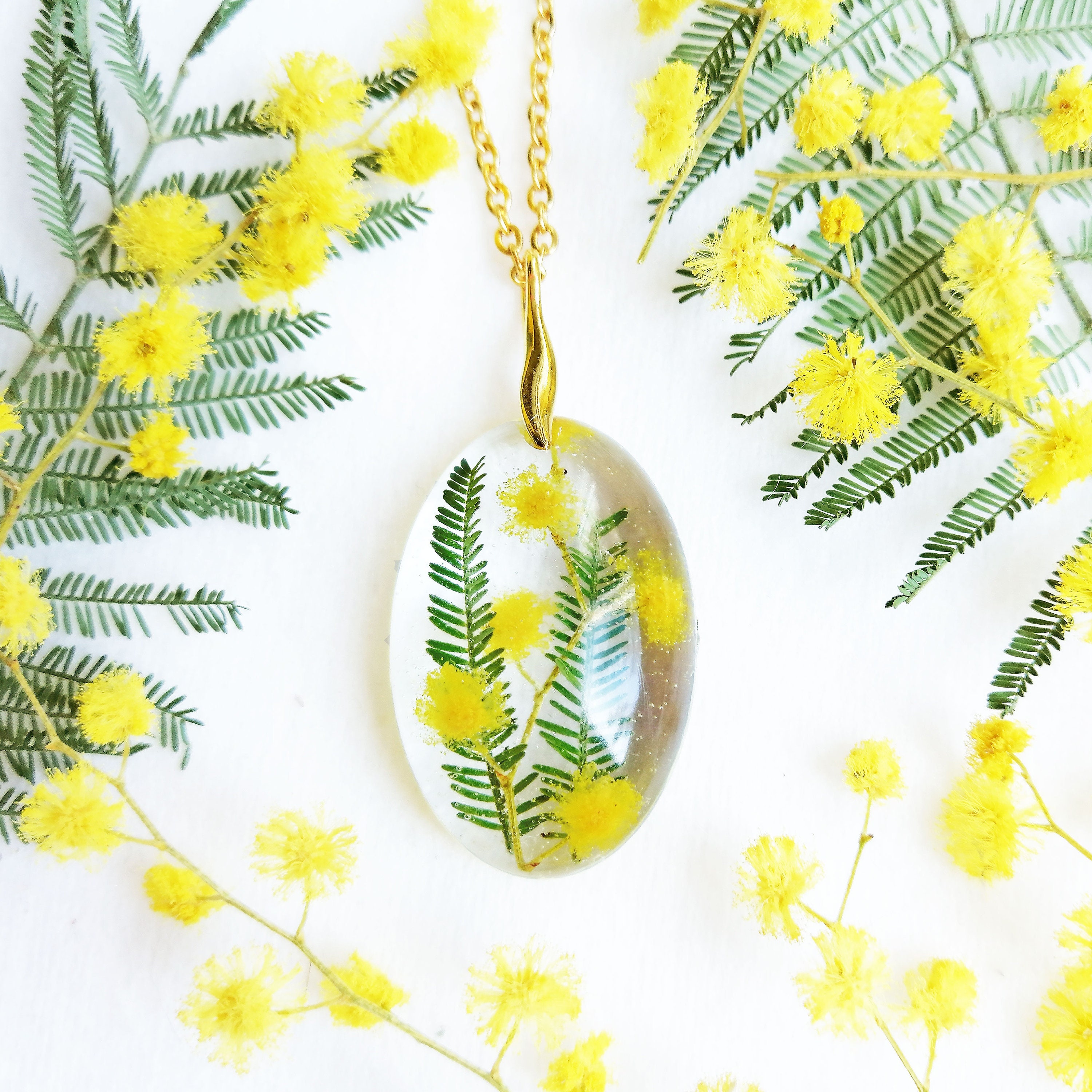 Wildflower necklace gold, Real flower resin necklace, Mimosa jewelry, Flower crystal necklace, Gift for best friend, Acacia flower jewelry