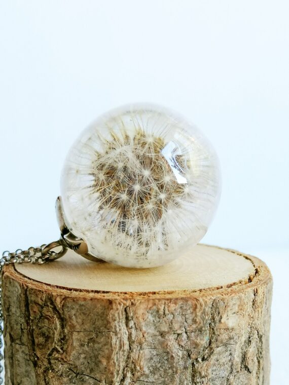 Resin Dandelion Pendant, Christmas Gifts, Natural online Dandelion Necklace, Resin Jewellery, Christmas Gift. Sphere 2.5 cm. Chain 80 cm.