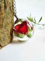 Small Flower Pendant Necklace - Red Rose Jewelry in Eco Resin