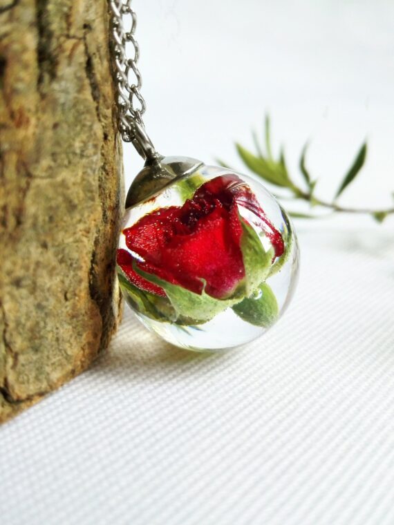 Small Flower Pendant Necklace - Red Rose Jewelry in Eco Resin