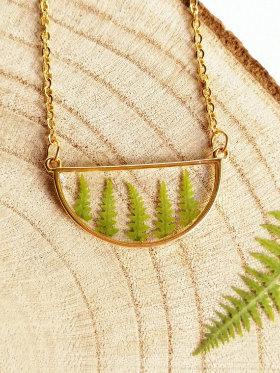 Botanical necklace, Pressed fern necklace, Minimalist geometric necklace, Terrarium necklace, Real plant jewelry, Semicircle necklace