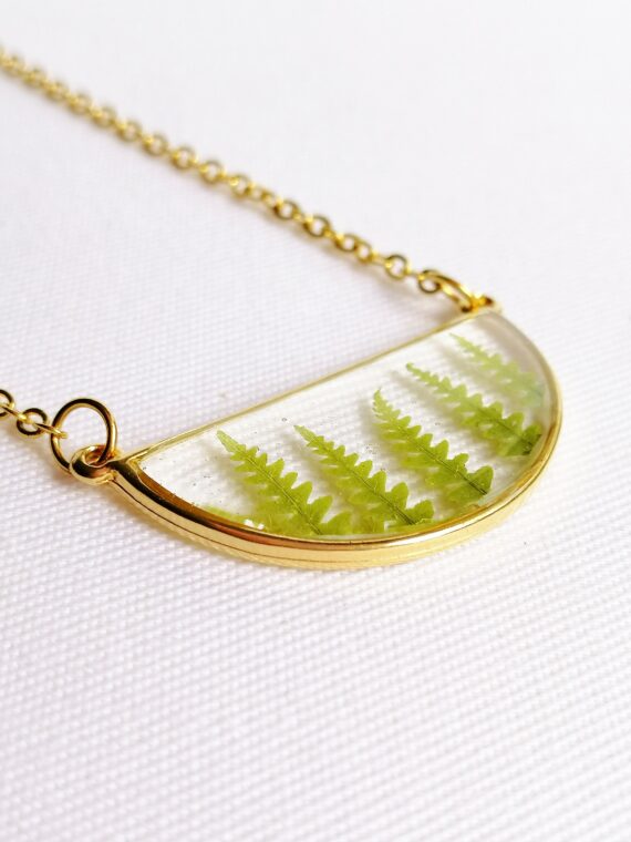 Botanical necklace, Pressed fern necklace, Minimalist geometric necklace, Terrarium necklace, Real plant jewelry, Semicircle necklace