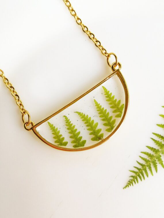Botanical necklace, Pressed fern necklace, Minimalist geometric necklace, Terrarium necklace, Real plant jewelry, Semicircle necklace