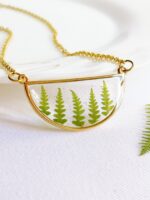 Botanical necklace, Pressed fern necklace, Minimalist geometric necklace, Terrarium necklace, Real plant jewelry, Semicircle necklace