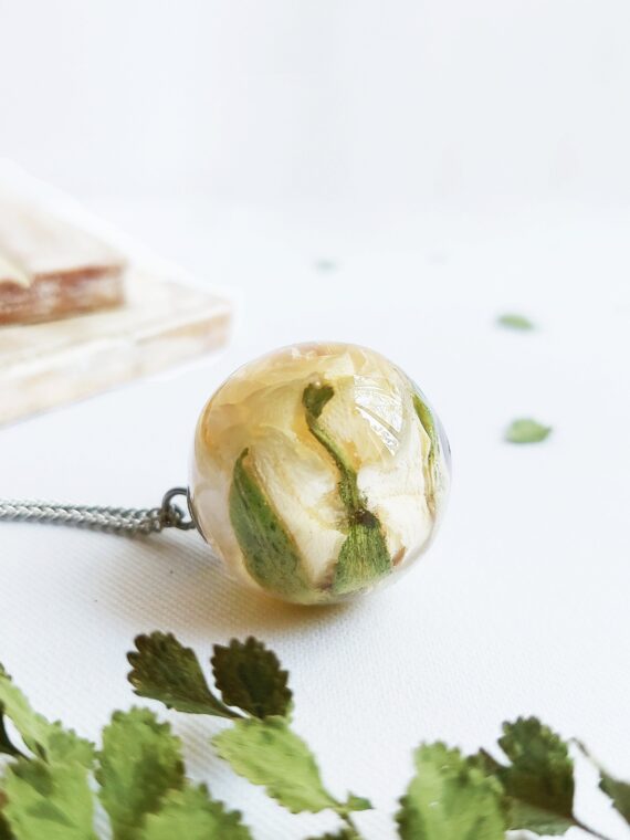 Yellow Rose Flower Pendant Necklace, Dried Rose in Resin