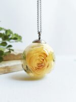Yellow Rose Flower Pendant Necklace, Dried Rose in Resin