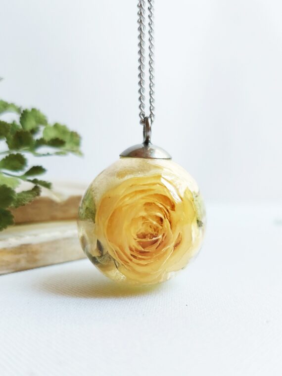 Yellow Rose Flower Pendant Necklace, Dried Rose in Resin