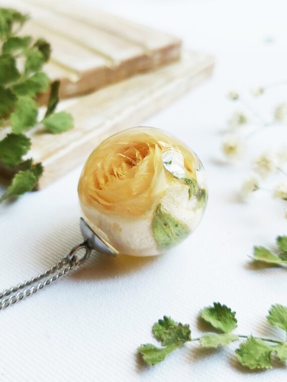 Yellow Rose Flower Pendant Necklace, Dried Rose in Resin