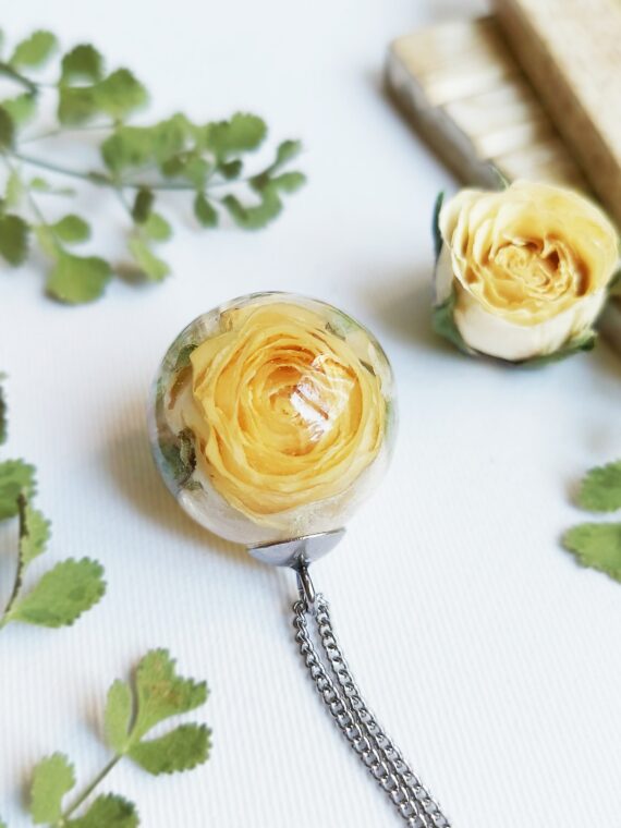 Yellow Rose Flower Pendant Necklace, Dried Rose in Resin