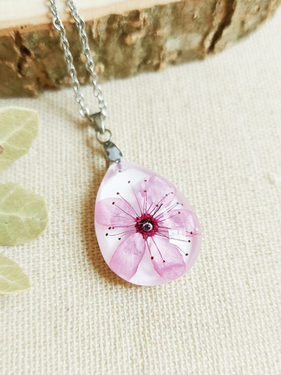 Cherry blossom flower necklace, Real flower necklace, Pink floral necklace, Whimsical jewellery, Dainty teardrop necklace,  Present for her