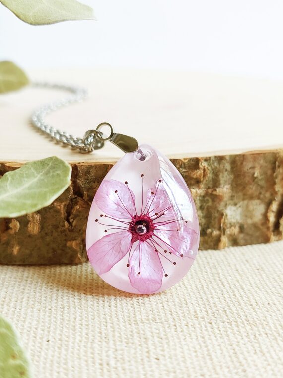Cherry blossom flower necklace, Real flower necklace, Pink floral necklace, Whimsical jewellery, Dainty teardrop necklace,  Present for her