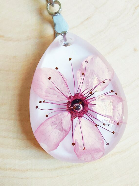 Cherry blossom flower necklace, Real flower necklace, Pink floral necklace, Whimsical jewellery, Dainty teardrop necklace,  Present for her