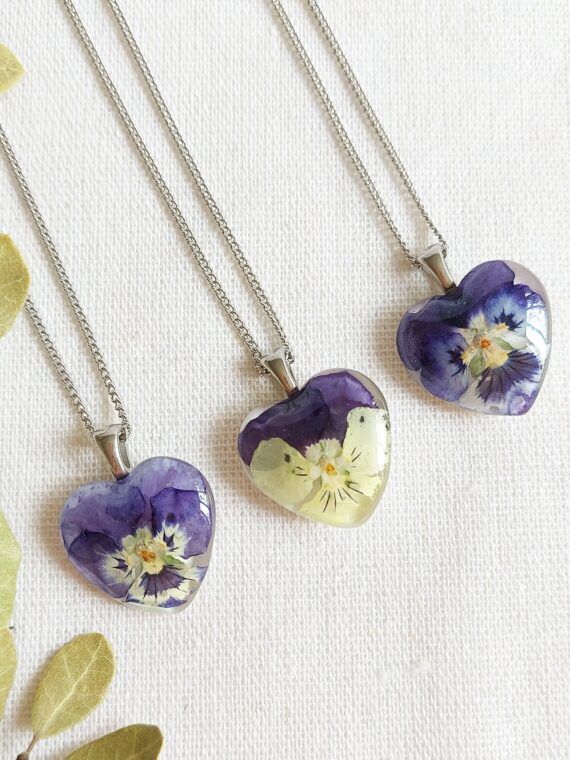 Pressed pansy necklace, Dainty heart necklace, Purple pansy jewelry, Tiny pressed flower necklace, Birthday gift for sister, Heart jewelry