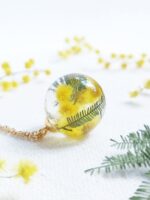 Personalized flower necklace, Dried flower resin necklace, Acacia necklace, Crystal resin jewelry, Bridesmaid necklace gold, Yellow necklace