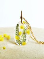 Personalized flower necklace, Dried flower resin necklace, Acacia necklace, Crystal resin jewelry, Bridesmaid necklace gold, Yellow necklace