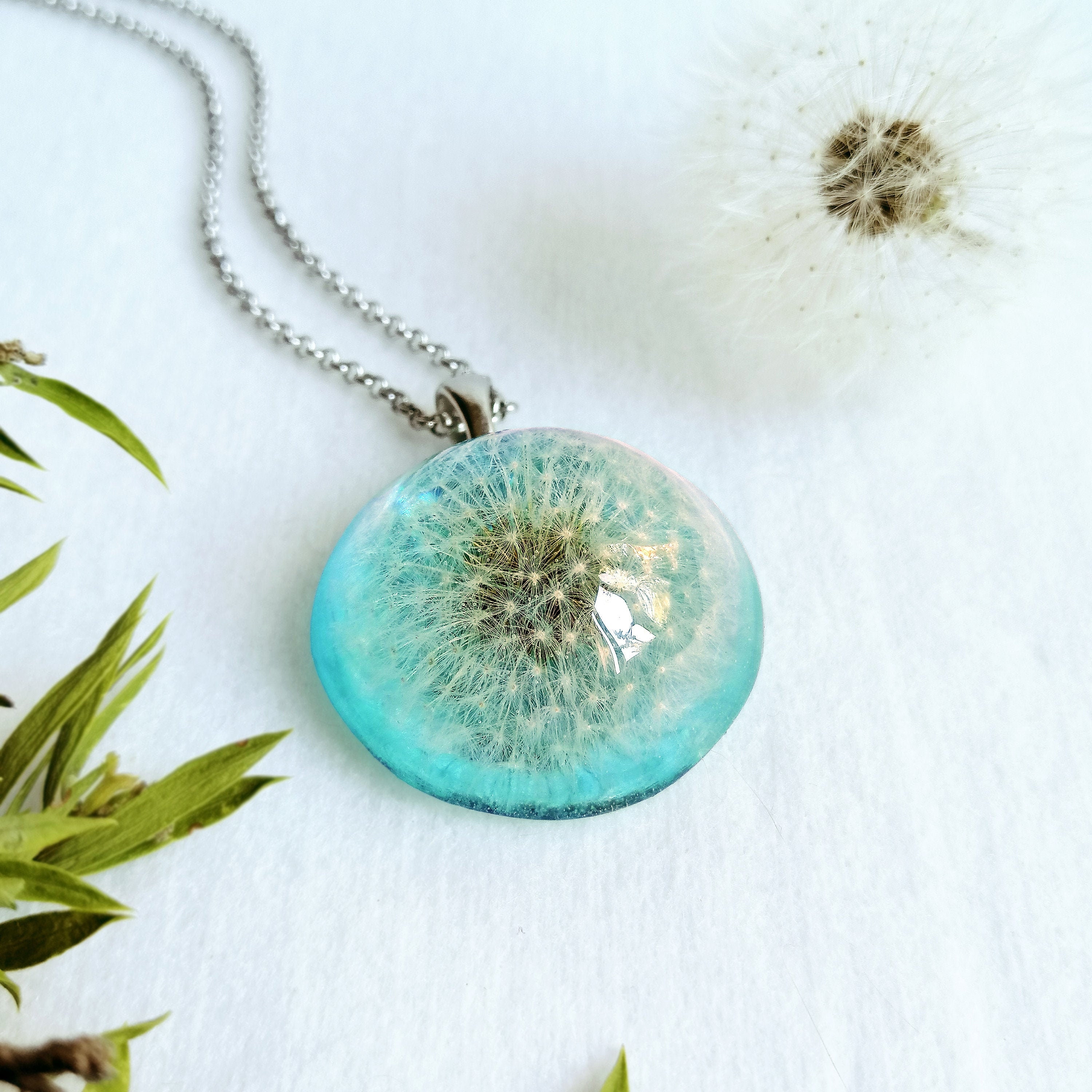 Light blue necklace, Real dandelion necklace, Make a wish necklace, Birthday gift idea for her, Sky blue jewelry, Turquoise pendant necklace