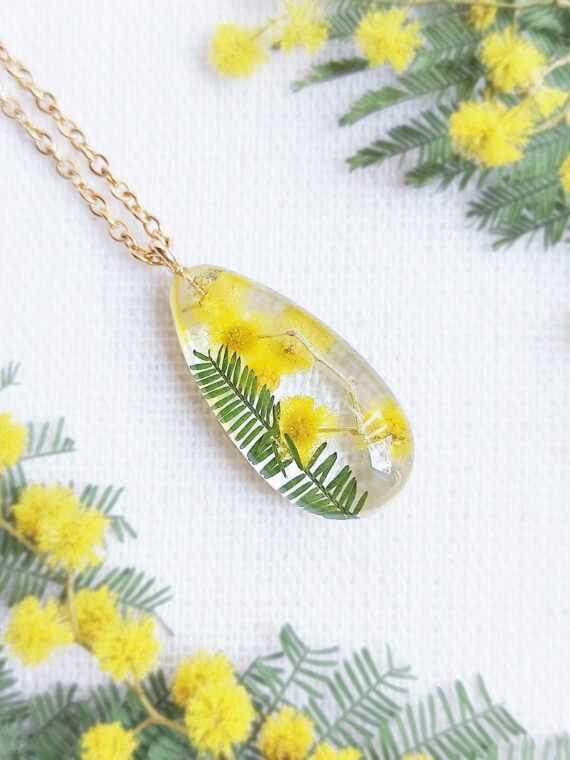 Personalized flower necklace, Dried flower resin necklace, Acacia necklace, Crystal resin jewelry, Bridesmaid necklace gold, Yellow necklace