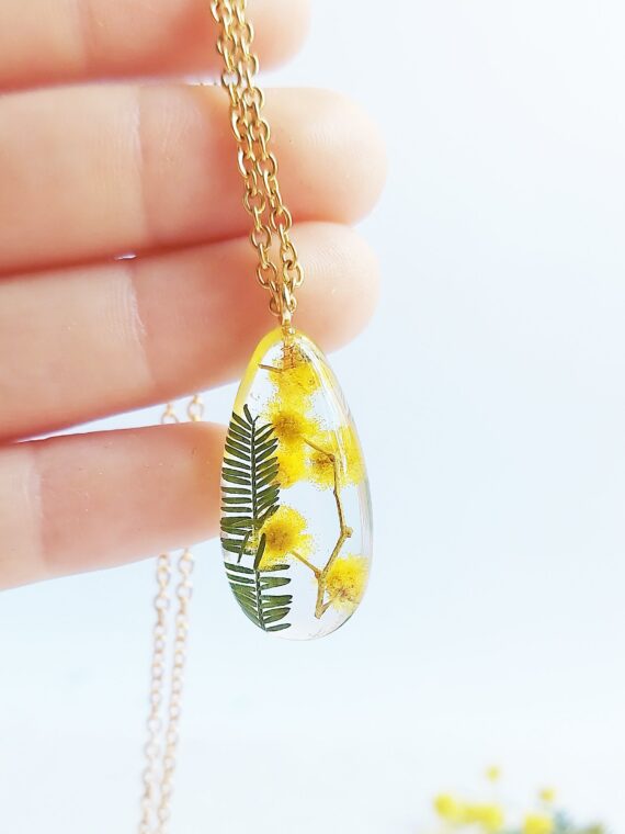 Personalized flower necklace, Dried flower resin necklace, Acacia necklace, Crystal resin jewelry, Bridesmaid necklace gold, Yellow necklace