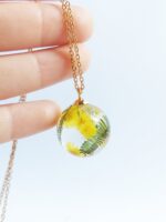 Personalized flower necklace, Dried flower resin necklace, Acacia necklace, Crystal resin jewelry, Bridesmaid necklace gold, Yellow necklace