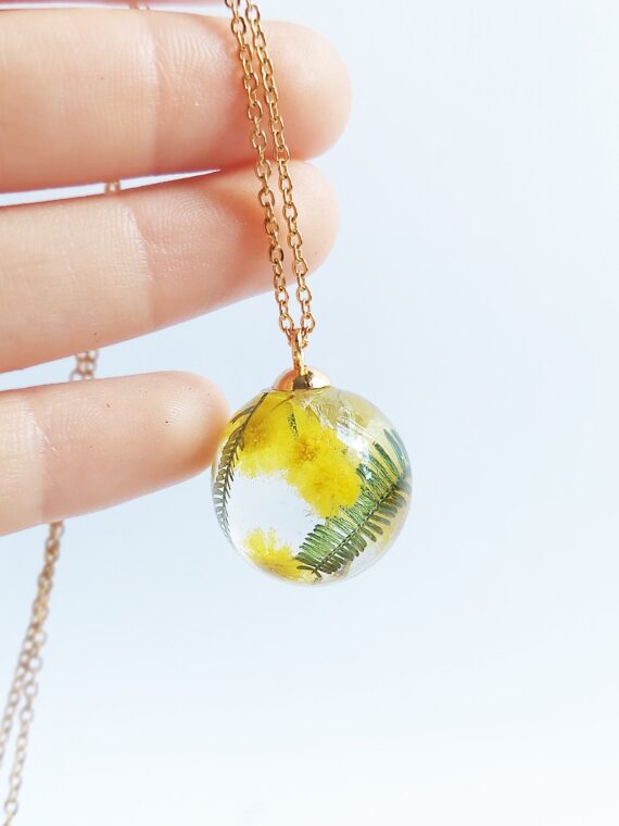Personalized flower necklace, Dried flower resin necklace, Acacia necklace, Crystal resin jewelry, Bridesmaid necklace gold, Yellow necklace